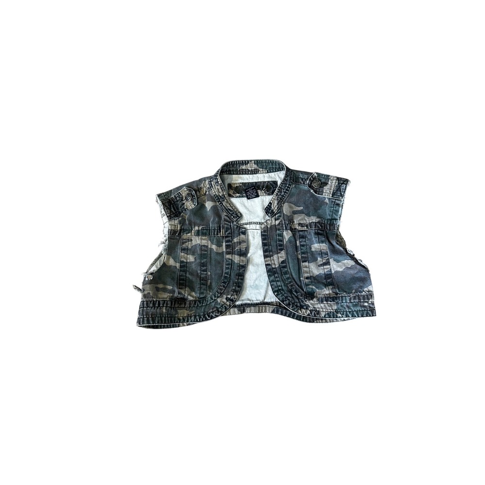Camo Denim Vest Cropped Sleeveless Camouflage Distressed Utility Jacket Green M